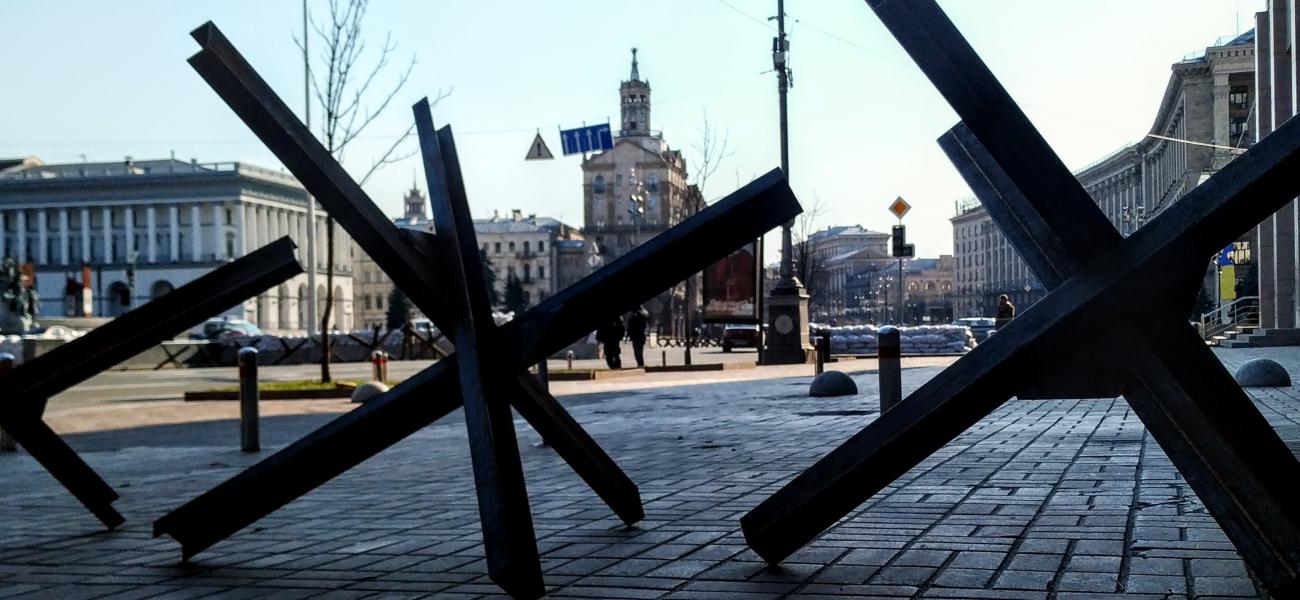 Anti-tank hedgehogs on Maidan Nezalezhnosti, in Kyiv